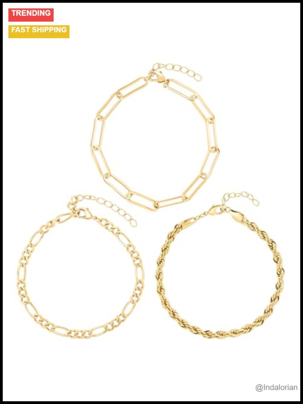 14K Gold-Plated Bracelet Set - Paperclip, Rope & Figaro Chains